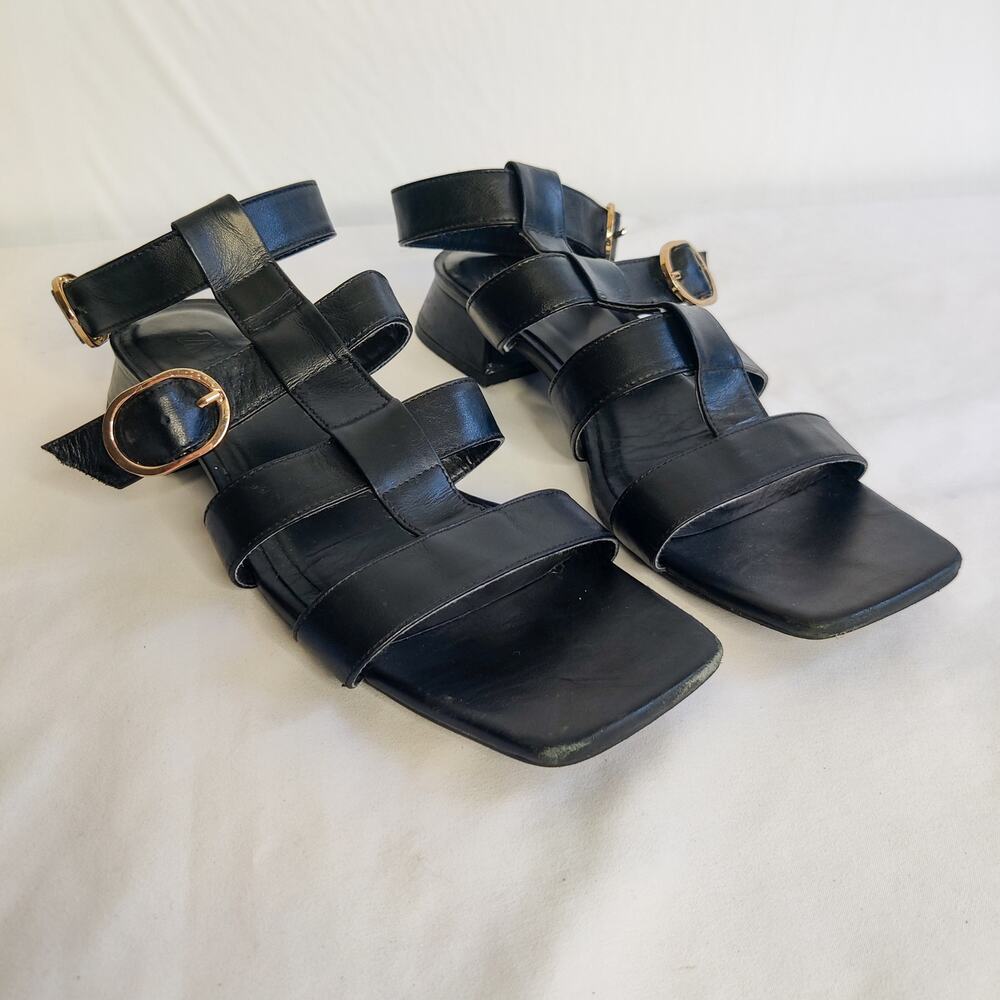 Zara Retro Y2K Black Leather Square Toe Fisherman Gladiator Sandals EU 40